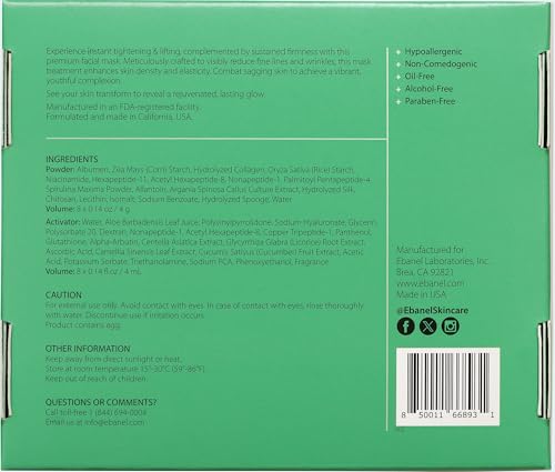 Ebanel Collagen Peptides Wash-Off Face Mask Set, 8 Pack Instant Skin Tightening and Lifting Masks, Brightening Face Mask with Niacinamide, Glutathione, Hyaluronic Acid, Vitamin C, Cica, B5, Albumen