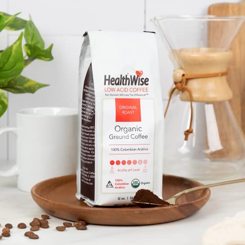 HealthWise Low Acid Organic Ground Coffee | Colombian Arabica Original Roast | Healthier Coffee for Sensitive Stomachs - Acid Reflux, Heartburn, Gastro Issues | 12 oz. - 340 g