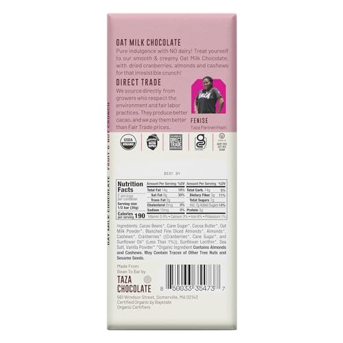 Taza Chocolate Organic Oat Milk Chocolate Bar, Fruit & Nut, 2.5 Ounce (10 Count), Vegan