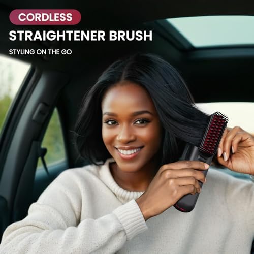 Cordless Hair Straightener Brush, Portable Mini Straightening Brush for Travel, Negative Ion Hot Comb Hair Straightener for Women, Rose Red