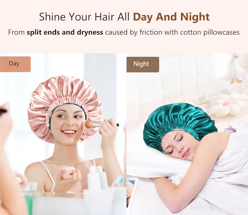 mikimini Satin Bonnet Silk Bonnet for Women Curly Hair, Reversible Double-Layer Sleeping Hair Bonnet Extra Large Stretchy Sleep Hair Cap (Green+Pink)