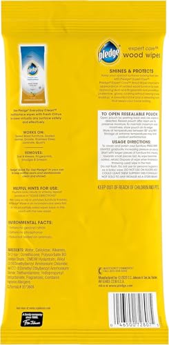 Pledge Expert Care Enhancing Wood Wipes, Lemon Scent (Pack of 6, 144 Total Count), Yellow