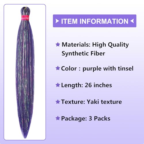 Dark Purple Tinsel Braiding Hair Pre Stretcehd 26 Inch Professional Synthetic Braiding Hair For Crochet Braids Box Braids Boho Braids Croceht Hair Extensions