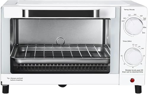 Mainstays 4 Slices Toaster Oven with 3 Settings, includes Baking Rack and Pan, Arctic White, New