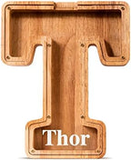 Summidate Customized Name Large Wooden Piggy Bank for Kids Boys Girls Alphabets Letter A-Z Coins Bills Money Change Bank Box Initial on Clear Cover (Laser Engraved) (Alphabet-T, Personalized-9")