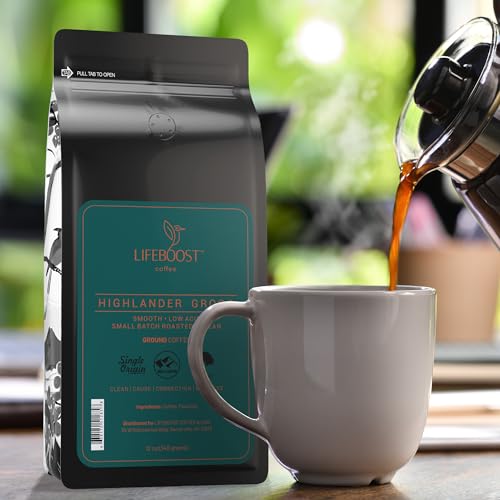 Lifeboost Highlander Grogg Coffee Ground - Low Acid Single Origin USDA Organic Coffee - Non-GMO Highlander Grogg Ground Coffee Third Party Tested For Mycotoxins & Pesticides - 12 Ounces