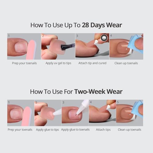 BTArtbox Press On Toenails - Lamp-Curable Real Square French Tip Toe Nail Press Ons with Glue for Women, Semi-Transparent Fake Toe Nail Tips in 15 Sizes - 30 Toenails Kit, Alabaster