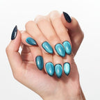GLAMERMAID Press on Nails Short Almond, Handmade Lake Blue Cat Eyes Gel Glue on Nails, 24Pcs Glossy Short Stiletto Reusable UV Finish Fake Nails Acrylic False Nails Manicure Kits for Women