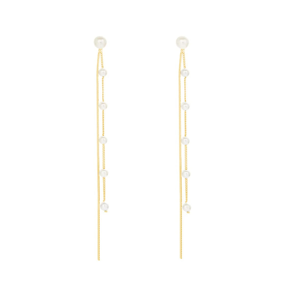 SLUYNZ Solid 925 Sterling Silver Simulated Shell Pearl Dangle Earrings Chain for Women Teen Girls Elegant Long Dangle Earrings Tassel Wedding Earrings Bridal (B-Gold Plated)