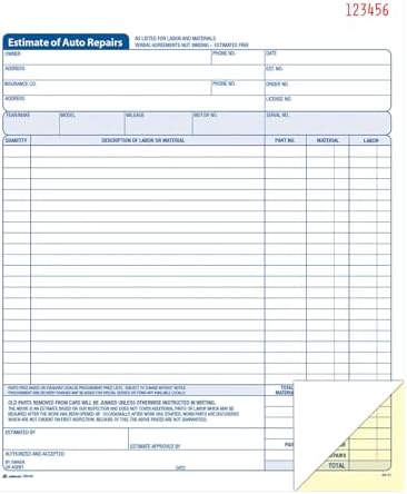 Adams Auto Repair Estimate Book, 2-Part, Carbonless, White/Canary, 8-3/8 x 10-11/16 Inches, 50 Sets per Book (D8104)
