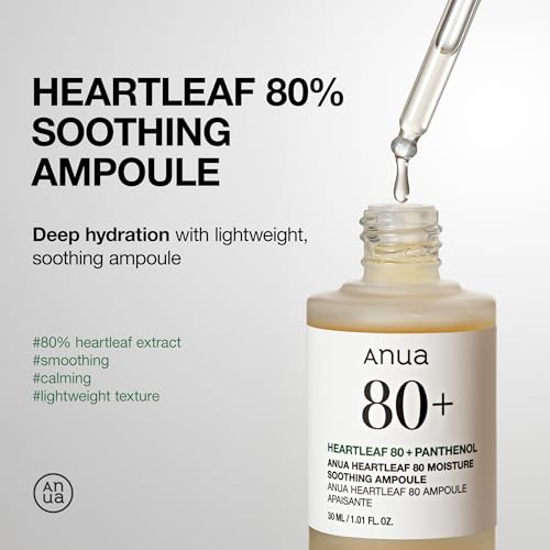 Anua Heartleaf 80 Soothing Ampoule, Hydration Facial Serum for Glass Skin, Panthenol, Hyaluronic Acid, Non-Greasy, Gentle Formula, Lightweight Essence, Vegan, Korean Skin Care, 30ml/1.01 fl.oz
