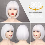 WERD Short White Bob Wig Bangs Straight White Wig for Women Natural Synthetic Short White Wig Bangs for Daily Party Cosplay Halloween