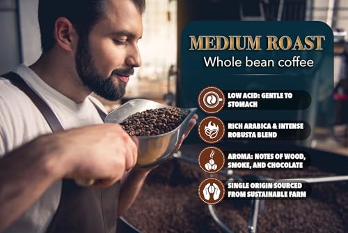 Tarmo Coffee | ACTIVE BLEND - Low Acid Coffee, Vietnamese Coffee, Robusta & Arabica Blend, Premium Whole Bean, Medium Roast, 12 Oz Bag