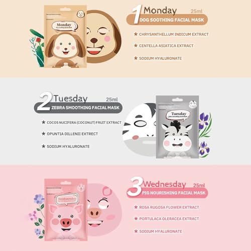Kaely 7 Pack Animal Character Sheet Masks, Face Masks for Kids Teens Skin Care, Korean Soothe Facial Mask for All Skin Types, Girls Night Skincare Spa Party, Birthday Gifts for Women Men, Set01