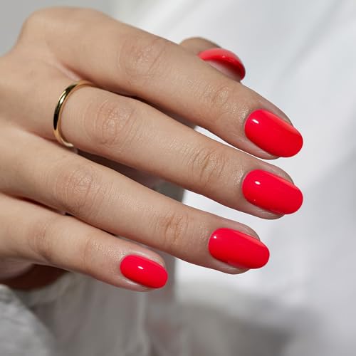 BTArtbox Press On Nails Short - Salmon Pink Press on Nails, Oval Fake Nails with Nail Glue, Reusable Glue On Nails in 16 Sizes Nail Kit, Tomato Tango