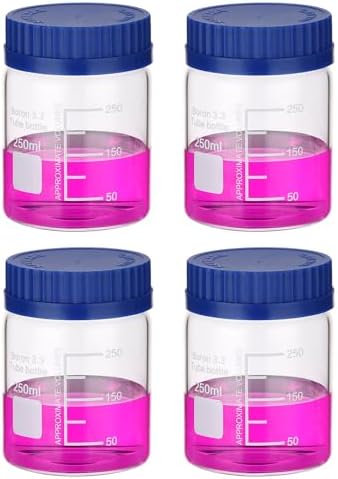 PATIKIL 4 Pack Reagent Media Storage Bottles, 250ml Borosilicate Glass Wide Mouth Graduated Round Bottles with GL32 Blue Screw Cap for Lab Water Reagent Liquids, Clear