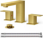 FORIOUS Square Gold Bathroom Faucet Widespread 8 Inch, 2 Handle Brushed Gold Bathroom Sink Faucet 3 Hole with Metal Drain, 24" CUPC Supply Lines and Spare Aerator, Vanity Sink Remodel
