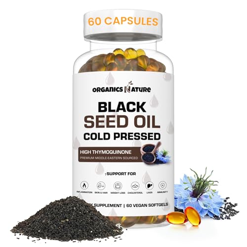 ORGANICS NATURE Black Seed Oil Cold Pressed 60 Softgel Capsules - Immunity Support, Black Cumin Seed Oil, High Thymoquinone, Non-GMO & Vegan, Nigella Sativa, Omega 3 6 9, 1000MG Per Serving