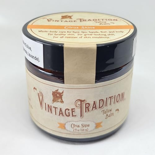 Vintage Tradition Beef Tallow All Purpose Balm – Healing, Hydrating Citrus Oil Skin Care Salve Replaces Body Lotion, Hand Cream, More – Essential Oil, Olive Oil, and Grass-Fed Tallow, 2 fl. oz.