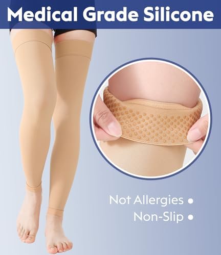 KEKING Thigh High Compression Stockings Footless, Unisex, 15-20mmHg Leg Support Compression Sleeves with Anti-Slip Silicone Band, Opaque, Treatment Swelling, Varicose Veins, Edema, DVT, Beige 4X-Large