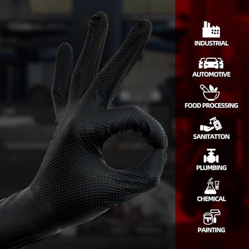 Jointown Basic Heavy Duty Nitrile Gloves, 8 Mil Black Mechanic Disposable Gloves X-Large with Raised Diamond Texture, Latex Free, Powder Free Industrial Automotive Work Gloves Box of 200