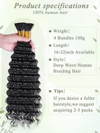 Human Braiding Hair for Boho Braids 20 Inch 100 g 4 Bundles Deep Wave Bulk Human Hair for Braiding No Weft 10A Curly Human Hair Extensions for Braids Wet and Wavy