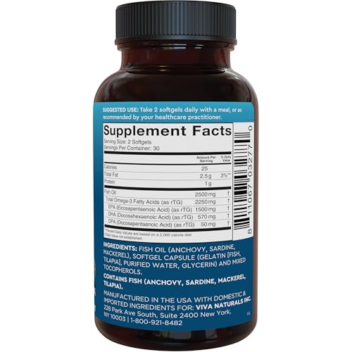 Viva Naturals Omega-3 Fish Oil, Triple Strength, 2500 mg, 60 Softgels – Re-Esterified Omega 3 Fatty Acids Including EPA, DHA, DPA - Pascatarian-Friendly