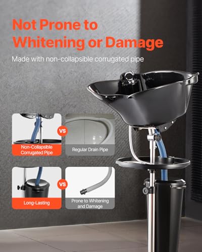 VEVOR Portable Shampoo Bowl, Deep Shampoo Sink for Washing Hair with Adjustable Height and Angle, Includes Drain Hose, Shower Head and Bucket, Portable Salon Sink for Barbershop Spa Center Use, Black