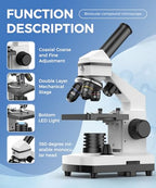 Compound Microscope for Adults & Kids - 100X-2000X High-Power Biological Microscope for Students, School Lab & Home Education, with Slides Set & Phone Adapter (White)