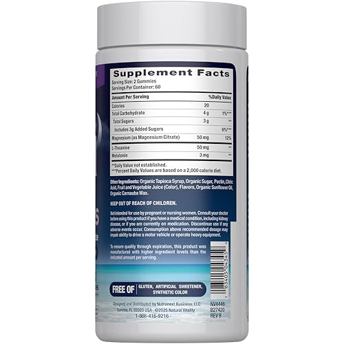 Natural Vitality SLEEP Gummies, Magnesium Supplement With Melatonin and L-Theanine, Vegan, Gluten Free, Helps the Body Ease Into Sleep, Blueberry Pomegranate 120 Count