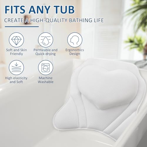 LuxStep Bath Pillow-Bathtub Pillow with Air Mesh Fabric & 6 Non-Slip Suction Cups, Bath Pillows for Tub Head, Neck and Back Support, Bath Accessories Spa Gifts, White
