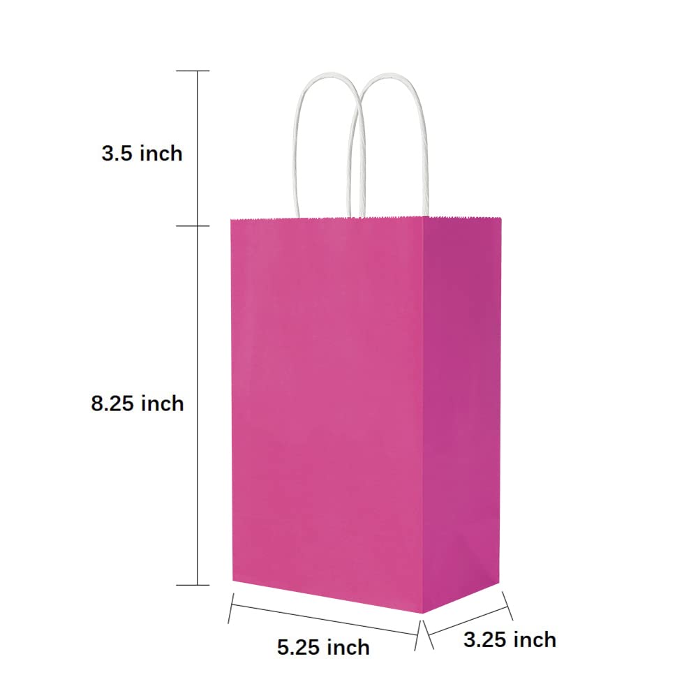 Oikss 100 Pack 5.25x3.25x8.25 Inch Small Hot Pink Kraft Paper Bags with Handles Bulk for Birthday Wedding Party Favors Grocery Retail Shopping Business Goody Craft Gift Bags Sacks (Fuchsia 100 Count)