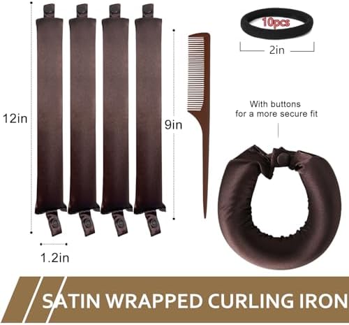 Satin Heatless Hair Curler, 16 Piece Set, Overnight Heatless Curls, Not easy to slip Heatless Curling Rod You Can Sleep In, Soft Silk DIY Hair Styling Tools Kit, Silk Bonnet for Sleeping-Brown