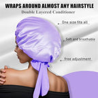2Pc Silk Bonnet Satin Hair Bonnet With Tie Band for Sleeping Large Bonnets Hair Wrap with Adjustable Straps Hair Shower Cap for Women Curly Braid Hair(Purple+Pink)
