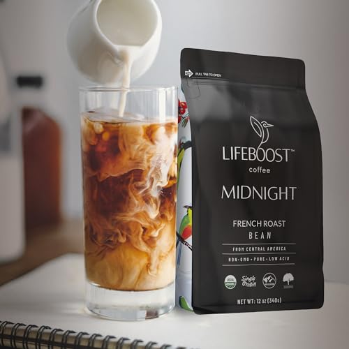 Lifeboost Midnight French Roast Coffee Beans - Single Origin Low Acid French Roast Coffee - Non-GMO USDA Organic French Roast Coffee Beans - Third Party Tested For Mycotoxins & Pesticides - 12 Ounces