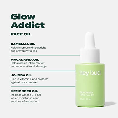 Hey Bud Skincare Glow Addict, Hemp Face Oil, Hydrates, Smooths Fine Lines and Wrinkles, Protects Natural Skin Barrier, Fast Absorbing and Lightweight (1 oz)