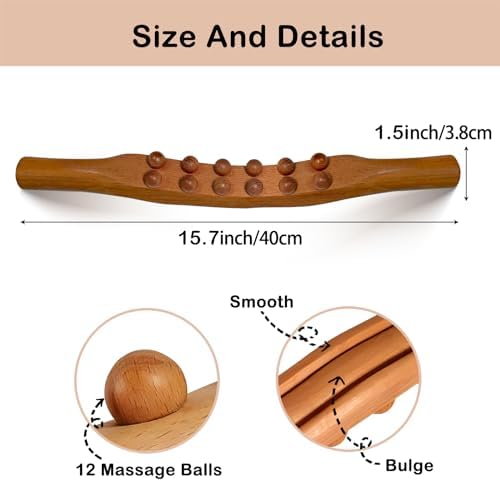 Wood Therapy Massage Stick, 2 in 1 Double Row 12 Beads Maderoterapia Kit Wood Gua Sha Massage Tool, Wooden Gua Sha Lymphatic Drainage Massager Tool for Body Shaping