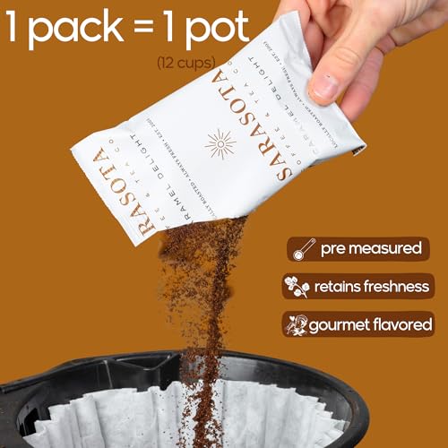 Sarasota Coffee Ground Packets | Gourmet Flavored Medium Roast Bulk Coffee Packs | Salted Caramel | Low Acid Mold Free Singles Individual Pouches for 12 Cup Coffee Maker | 2 Ounce Bags, 36 Count