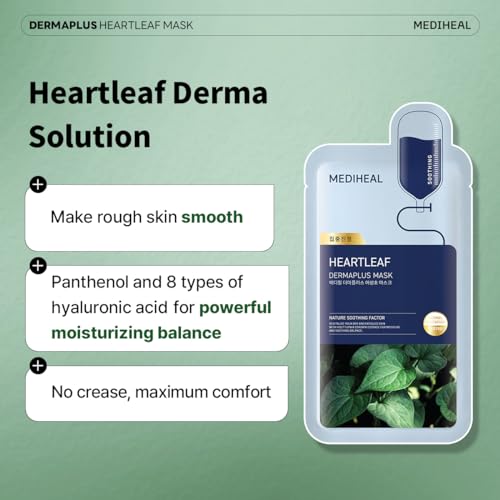 Mediheal Dermaplus Heartleaf Mask (10 Counts) - Daily Vegan Mask for Soothing Skin with Panthenol & Hyaluron, Korean Self Skin Care Sheet Mask