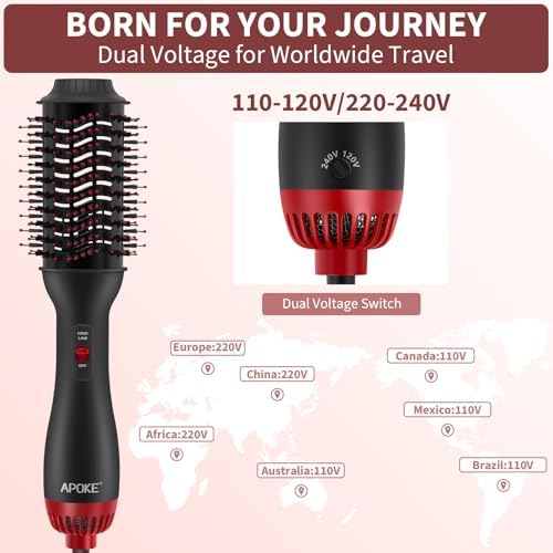 Dual Voltage Hair Dryer Brush with UK Plug Blow Dryer Brush for European Travel 110V-120V/220V-240V One Step Hot Air Brush and Styler Volumizer with Negative Ion Anti-frizz (Black+red)