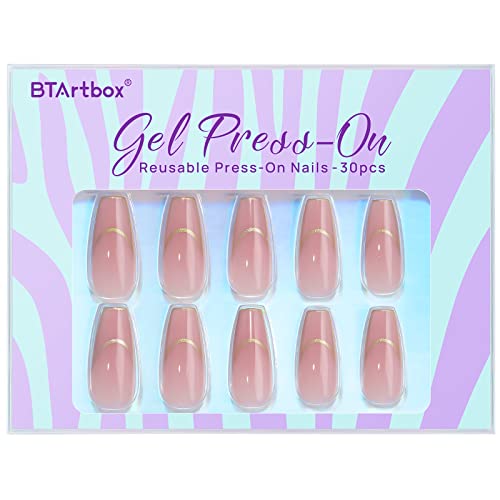 BTArtbox Press on Nails Long - Rose Gold Outline Designed French Tip Press on Nails, Coffin Glue On Nails, Reusable Soft Gel Stick On Nails with Nail Glue in 15 Sizes, Gilded French