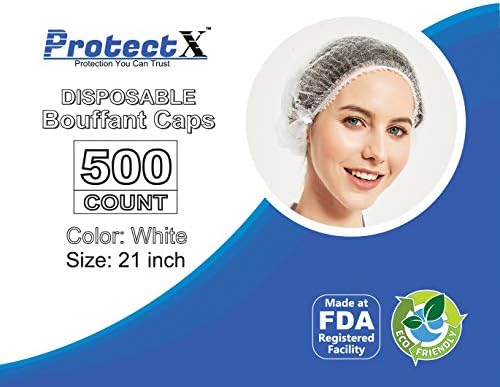 ProtectX 500-Pack White Disposable Hair Nets, Elastic Head Cover, Bouffant Caps, Sanitation Head Cover for Food Service, Spa Men & Women - 21 inch