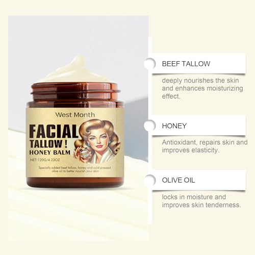 Beef Tallow for Skin Grass Fed Tallow and Honey Balm, Tallow Face Moisturizer for Face & Body, Unscented, Multi-Purpose Balm, 4.23 OZ (1)