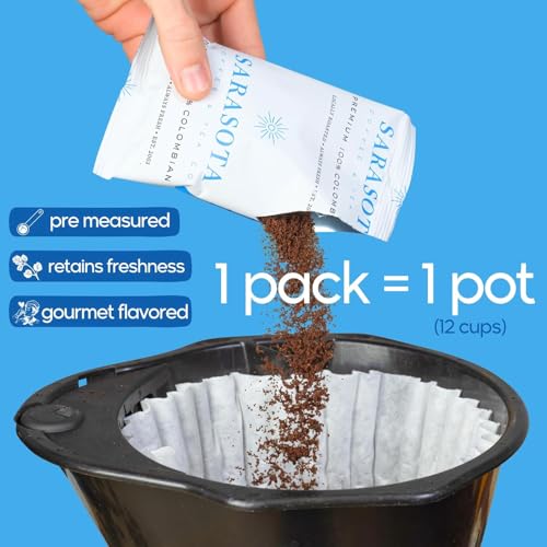 Sarasota Coffee Ground Packets | Colombian Medium Roast | Bulk Packs | Gourmet Columbian Low Acid Mold Free Singles Individual Pouches for 12 Cup Coffee Maker | 1.75 Ounce Bags, 100 Count