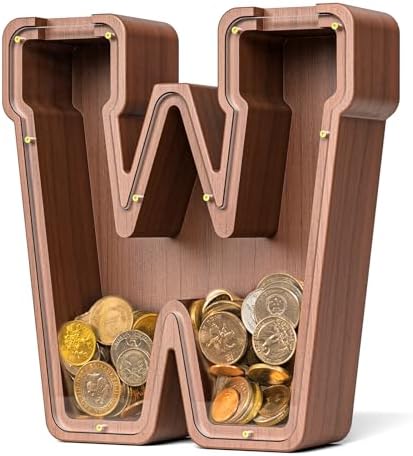 Summidate Wooden Letter Piggy Bank, Extra Thick Large Capacity Piggy Bank for Kids Boys Girls Toddler, Alphabet W Money Bank| Coin Box Birthday, Christmas, Festival