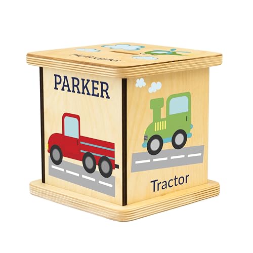 Wooden Piggy Bank for Kids and Adults, Personalized Gift Handmade in USA by BloomOwl, Custom Piggy Bank, Personalized Banks for Kids, Gifts for Baby Boys and Girls (Transportation)