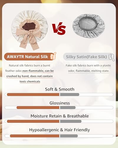 AWAYTR Silk Bonnet for Sleeping Women 100% Mulberry Silk Bonnet with Band 2 Layer Reversible Hair Bonnet Sleeping Hair Wrap (Silk, Dark Brown/Light Champagne)
