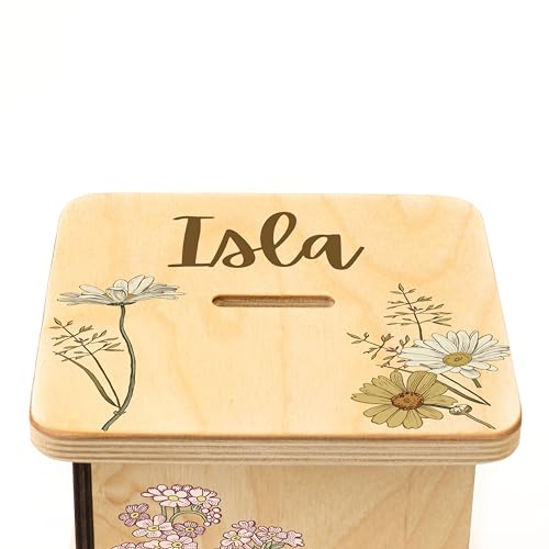 Wooden Piggy Bank for Kids and Adults, Personalized Gift Handmade in USA by BloomOwl, Custom Piggy Bank, Personalized Banks for Kids, Gifts for Baby Boys and Girls (Floral- Vintage)