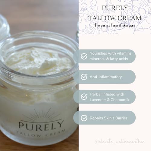 Purely Tallow Cream- Pasture-fed Beef Tallow- Moisturizer/Body Butter- Herbal Infused with Lavender & Chamomile (Unscented)- Dry Skin, Eczema, Psorasis, Infant-Safe -Organic (2 oz)