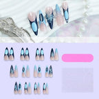 3D Flower Press on Nails 3D Curve Line False Nails French Tips Gel Glue on Long Stiletto Nails Glossy Blue French Tips Acrylic Fake Nails Pearls Stick on Nails for Coquette Women 24 Pcs